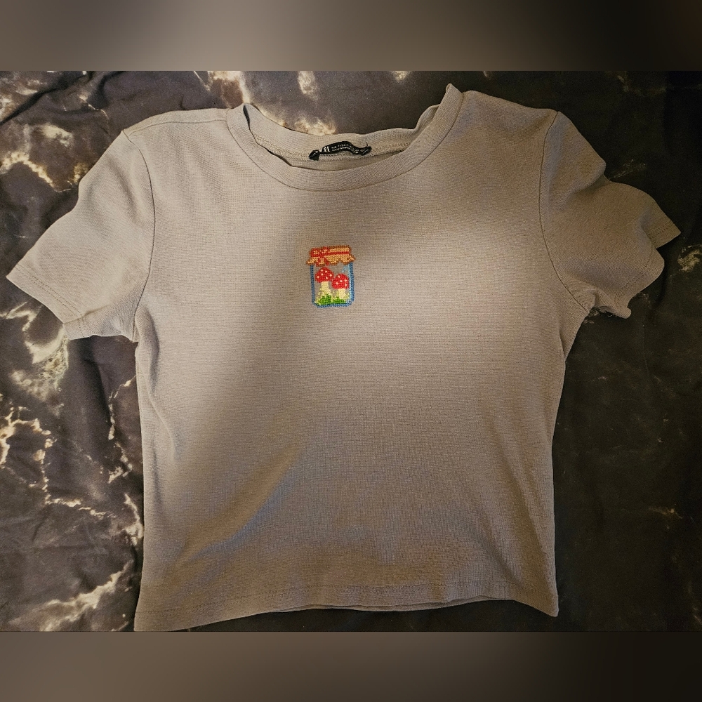 Baby Tee with HANDMADE Mushroom Cross Stitch Patch - Picture 3 of 5